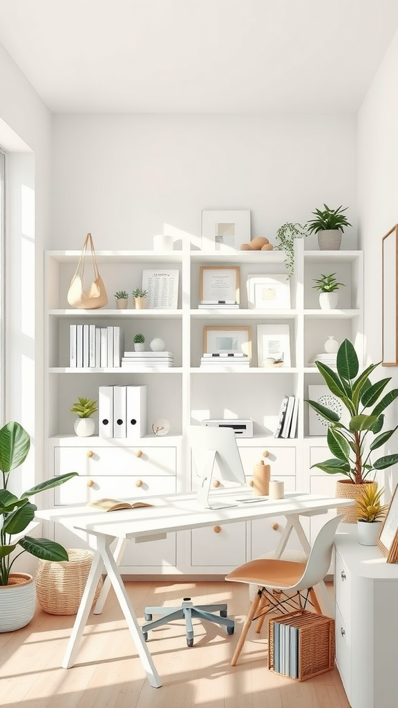 A bright and organized home office with white furniture, plants, and a clean desk.