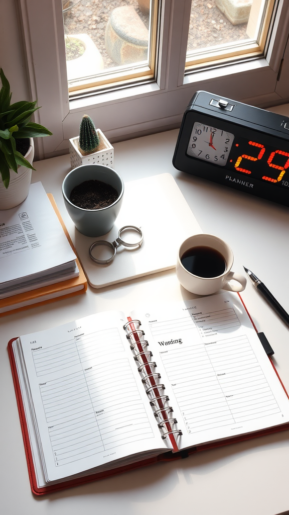 A cozy workspace with a planner open to a daily layout, a cup of coffee, a clock showing the time, and a small plant.