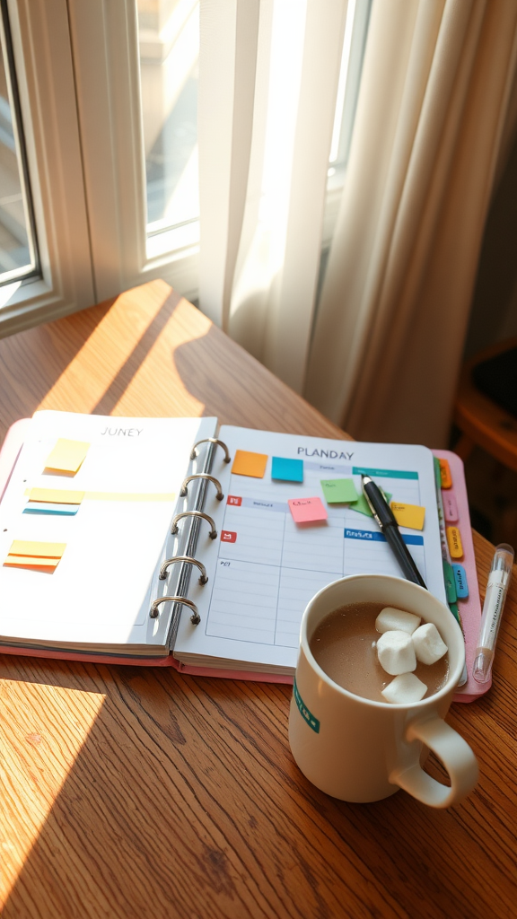 A planner with sticky notes and coffee cups on a wooden table, suggesting organization and productivity.