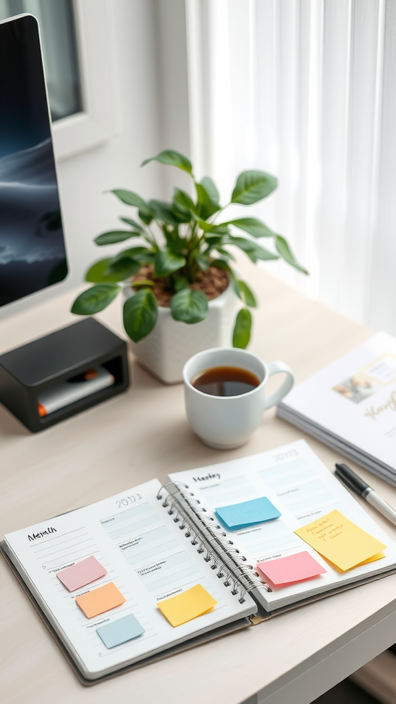A planner with sticky notes, a cup of coffee, and a plant on a desk